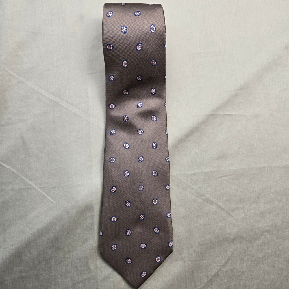 Pierre Balmain Paris‎ Mens Silk Tie Taupe Brown Geometric Medallion Italian Silk